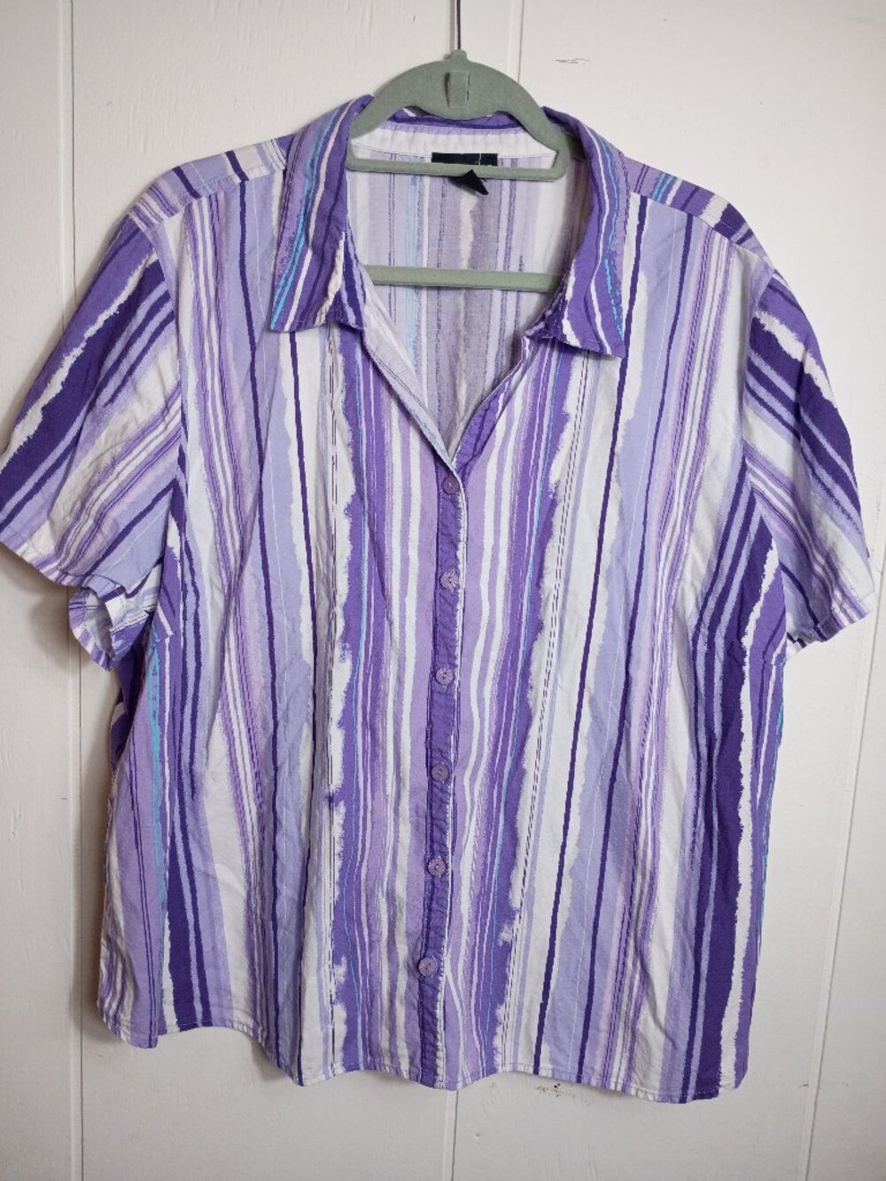 Erika Short Sleeve Button Down Purple White Striped Shirt Womens 2XL